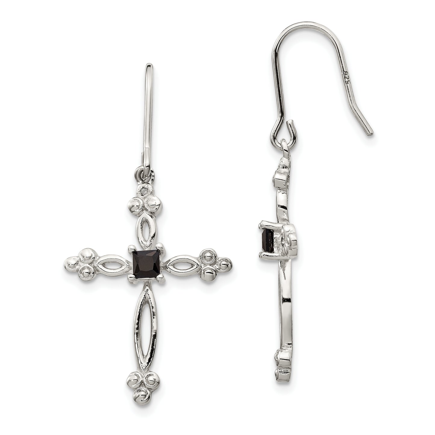 Sterling Silver Rhodium-Plated Polished Diamond Accent & Black Cz Budded Cross Dangle Earrings