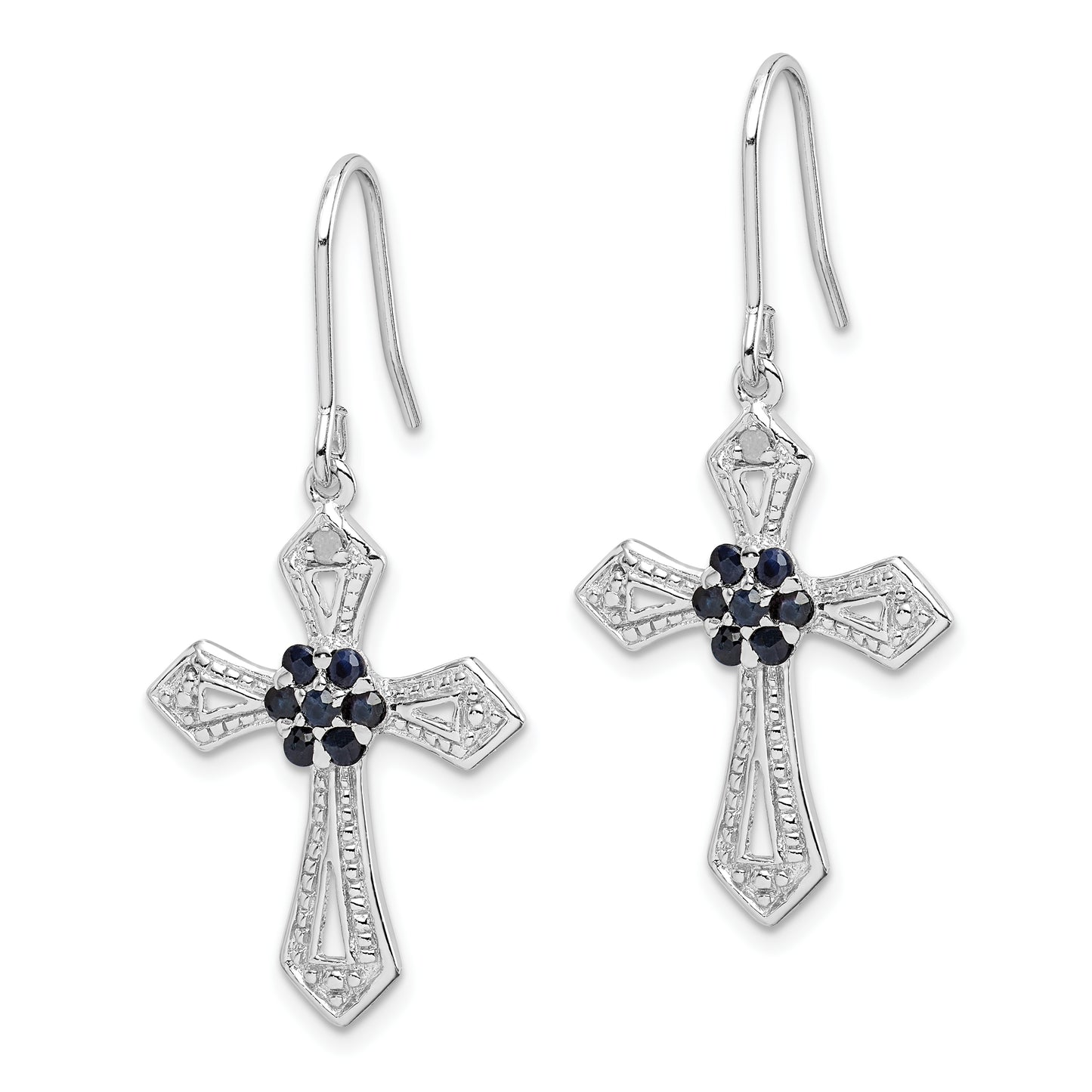 Sterling Silver Rhodium-Plated Polished & Beaded Diamond Accent Black Cz Passion Cross Dangle Earrings