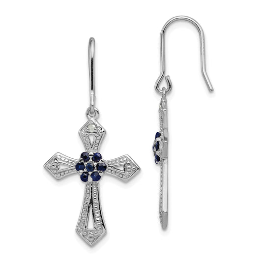 Sterling Silver Rhodium-Plated Polished & Beaded Diamond Accent Black Cz Passion Cross Dangle Earrings