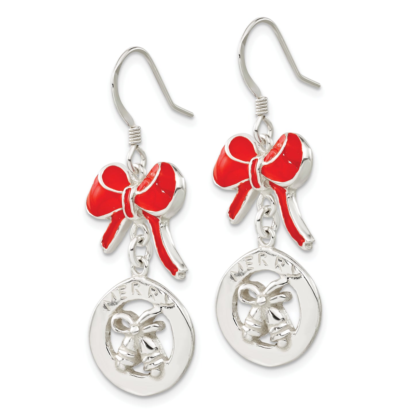 Sterling Silver Red Enameled Merry Bells & Bows Dangle Earrings