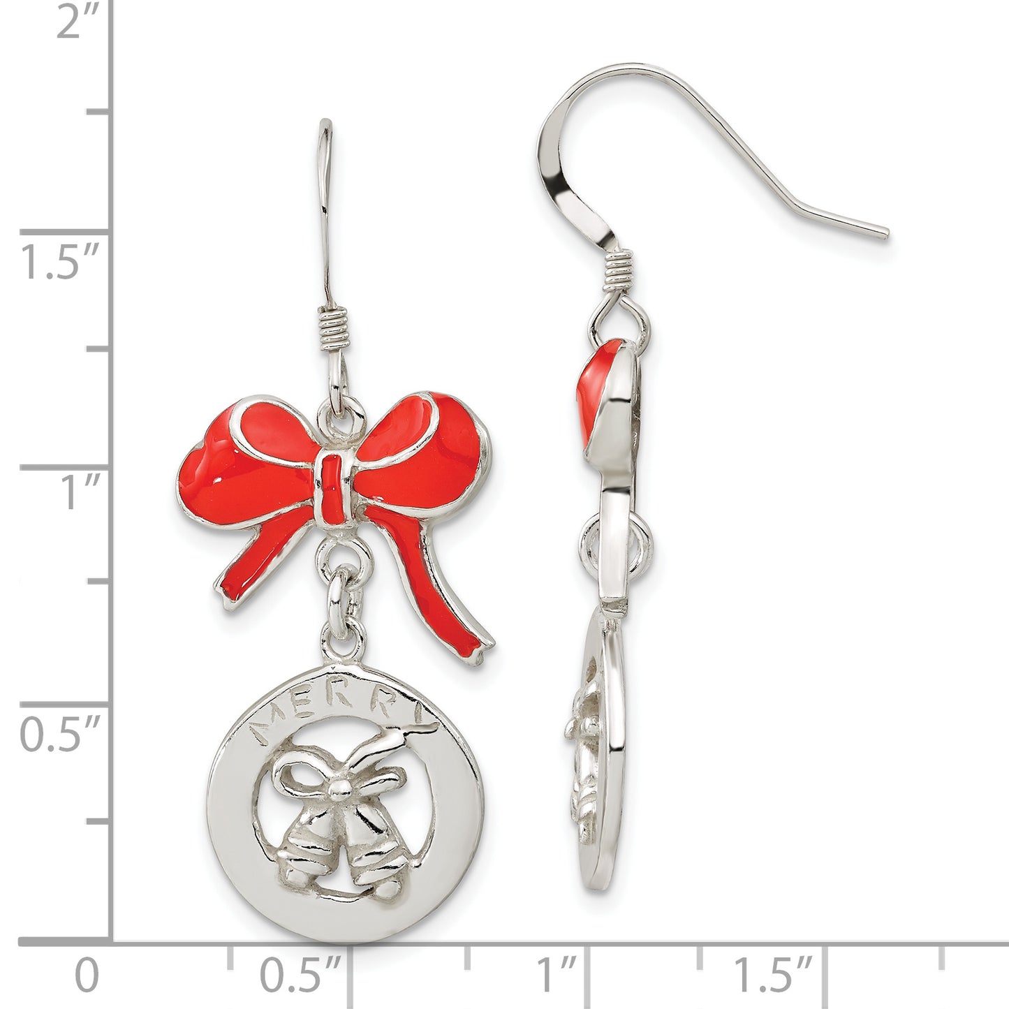 Sterling Silver Red Enameled Merry Bells & Bows Dangle Earrings