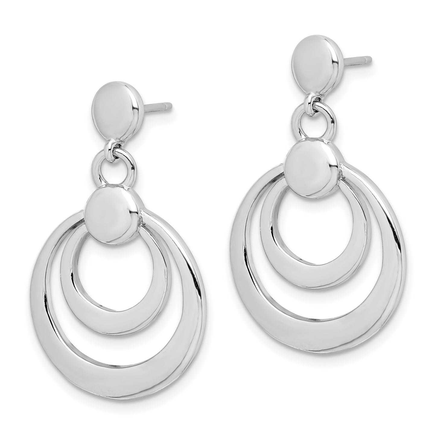 Sterling Silver Rhodium-Plated Polished Double Circle Post Dangle Earrings