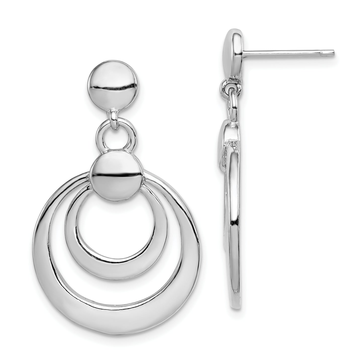 Sterling Silver Rhodium-Plated Polished Double Circle Post Dangle Earrings