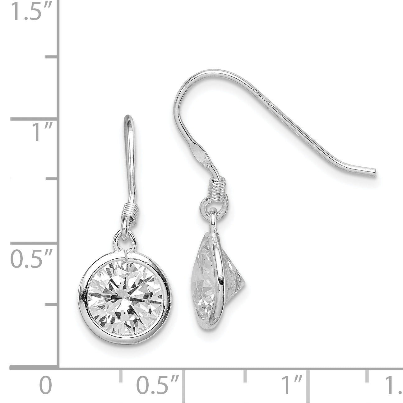 Sterling Silver Rhod-Pltd 10mm Round Cz Bezel Set Dangle Earrings