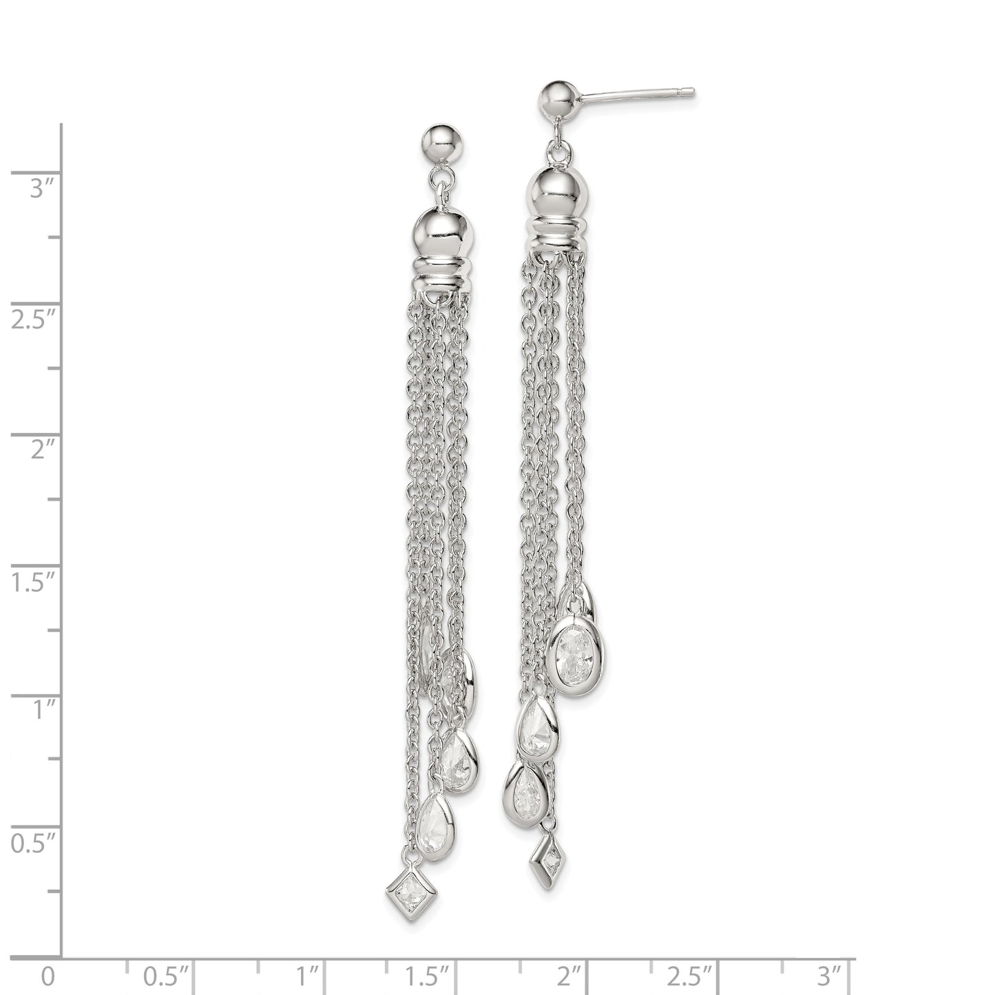 Sterling Silver Rh-Plated Polished Cz & Multi-Chain Post Dangle Earrings