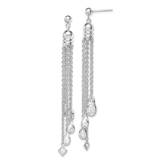 Sterling Silver Rh-Plated Polished Cz & Multi-Chain Post Dangle Earrings