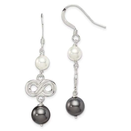 Sterling Silver Polished Grey & White Glass Pearl Infinity Dangle Earrings