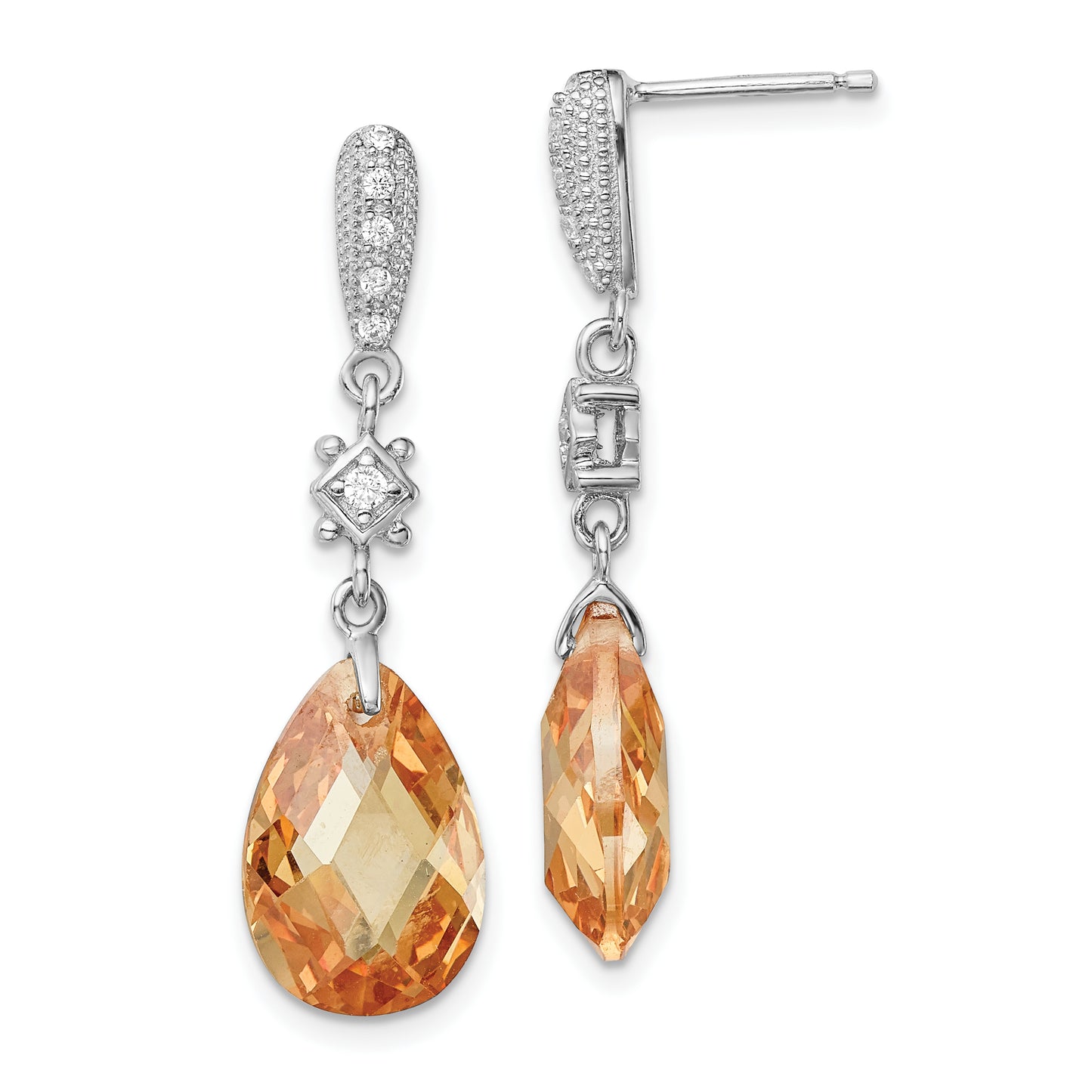 Sterling Silver Rhodium-Plated Polished & Textured Champagne White Cz Teardrop Post Dangle Earrings