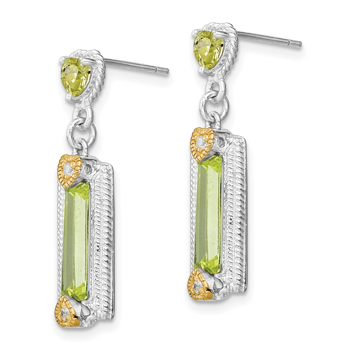 Sterling Silver W/ Gold-Tone Vermeil Polished & Textured Light Green Cz Hearts Post Dangle Earrings