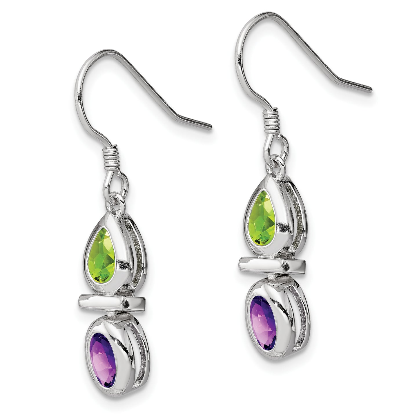 Sterling Silver Rhodium Plated Peridot And Amethyst Dangle Earrings