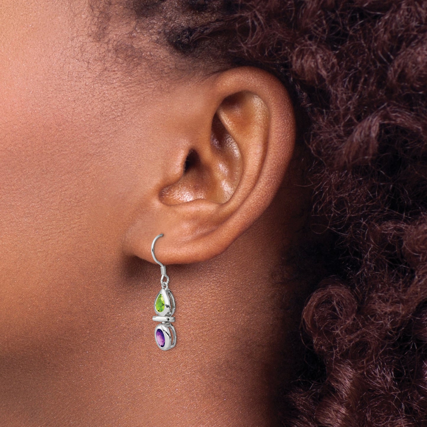 Sterling Silver Rhodium Plated Peridot And Amethyst Dangle Earrings