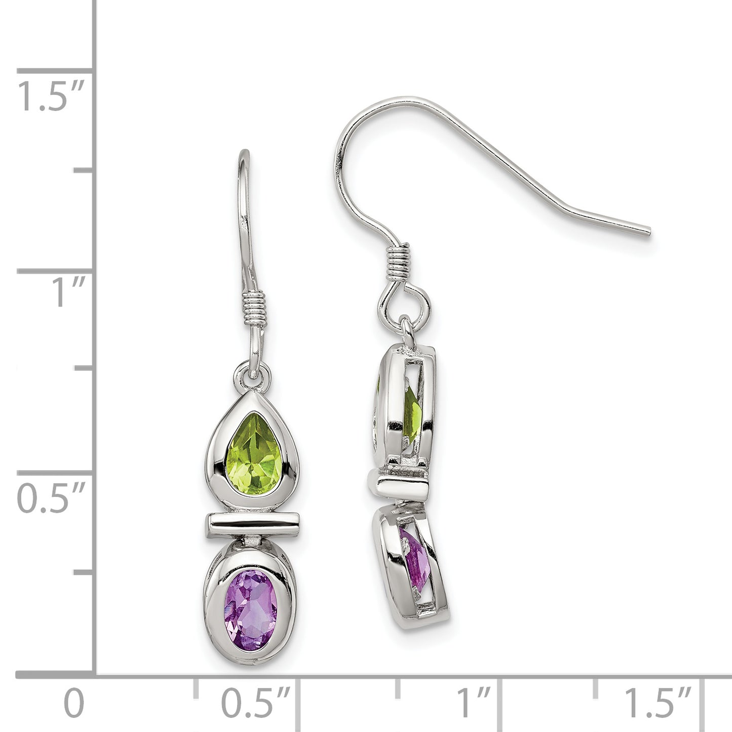 Sterling Silver Rhodium Plated Peridot And Amethyst Dangle Earrings