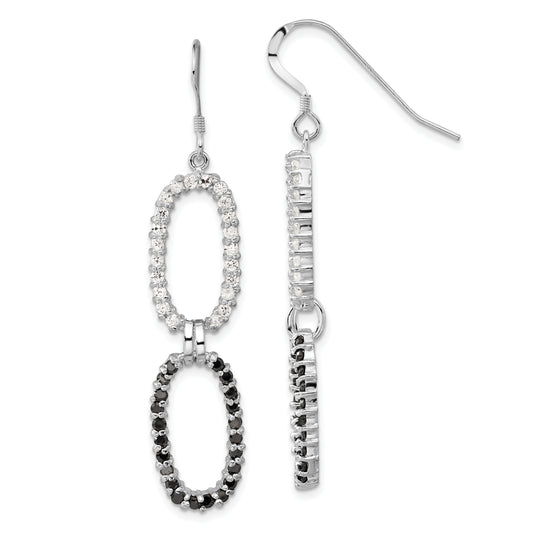 Sterling Silver Polished Fancy Black & Clear Cz Oval Dangle Earrings