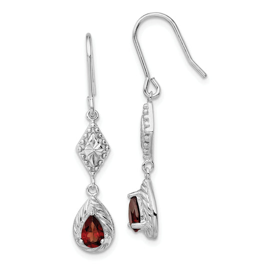 Sterling Silver Rhodium-Plated Polished Diamond-Cut & Textured Red Cz Teardrop Dangle Earrings