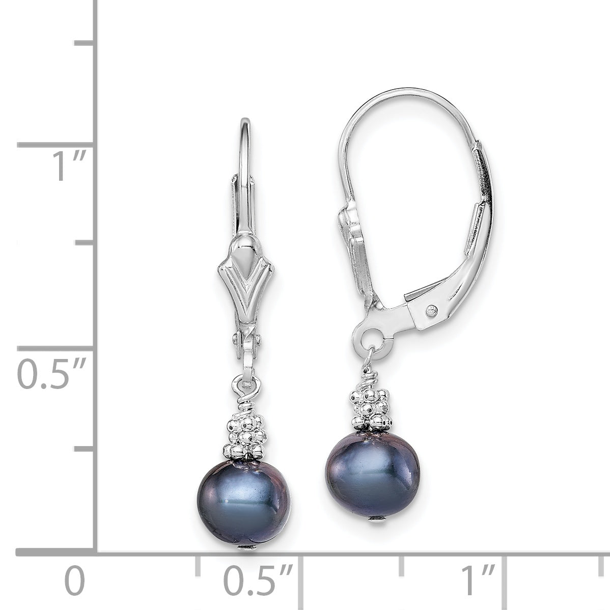 Sterling Silver Rhodium-Plated Polished & Beaded 6-7mm Black Freshwater Cultured Pearl Leverback Dangle Earrings