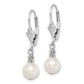 Sterling Silver Rhodium-Plated Polished & Beaded White 6-7mm Freshwater Cultured Pearl Leverback Dangle Earrings