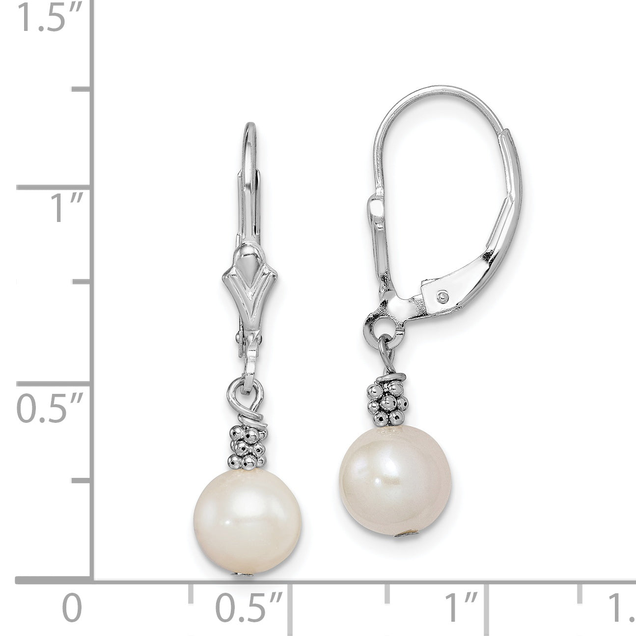 Sterling Silver Rhodium-Plated Polished & Beaded White 6-7mm Freshwater Cultured Pearl Leverback Dangle Earrings