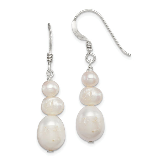 Sterling Silver Polished White 6-10mm Freshwater Cultured Pearl Dangle Earrings