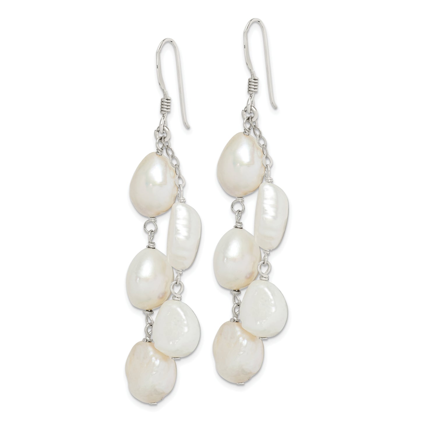 Sterling Silver Polished White 8-10mm Baroque Freshwater Cultured Pearl Two-Strand Dangle Earrings