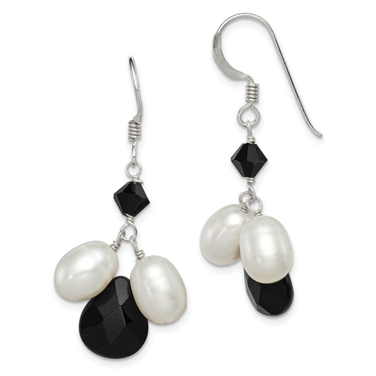 Sterling Silver Polished Fwc Pearl / Black Crystal Onyx Dangle Earrings