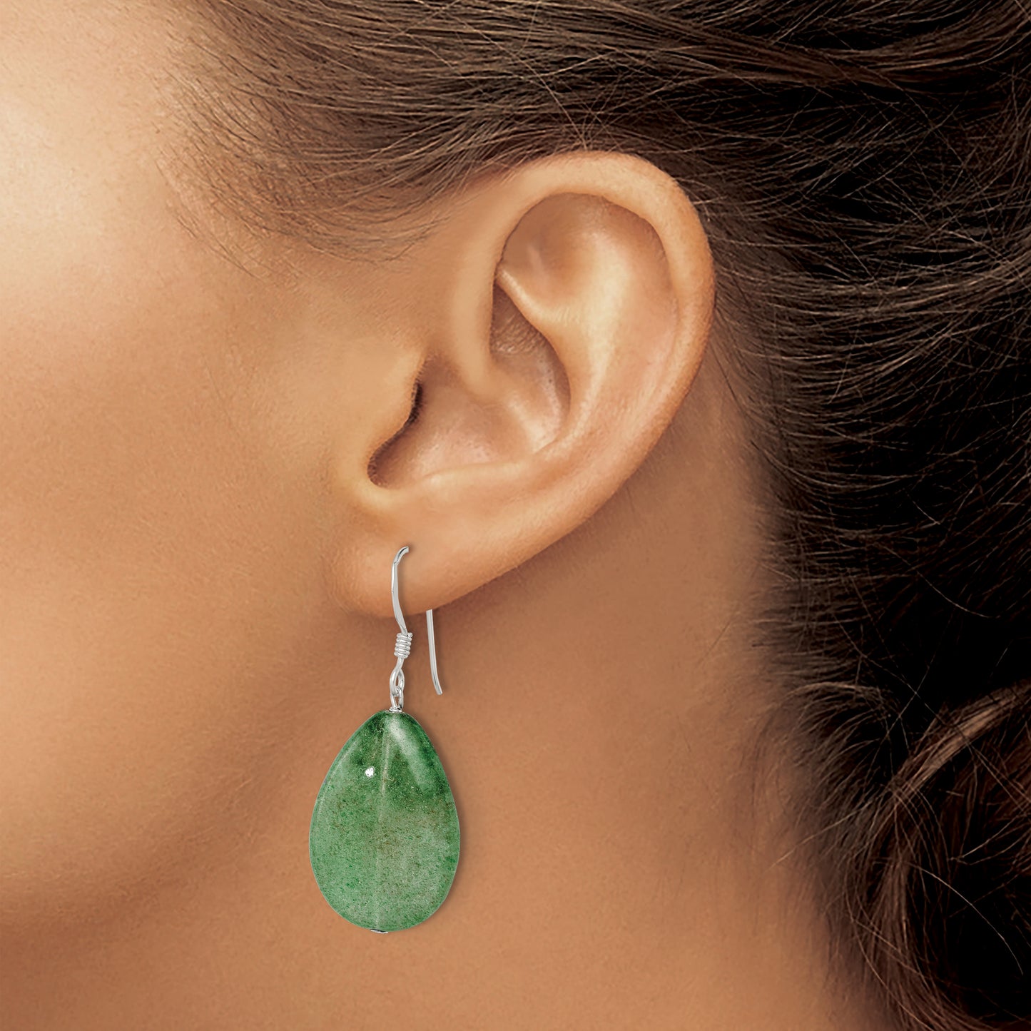 Sterling Silver Polished Cracked Green Aventurine Teardrop Dangle Earrings