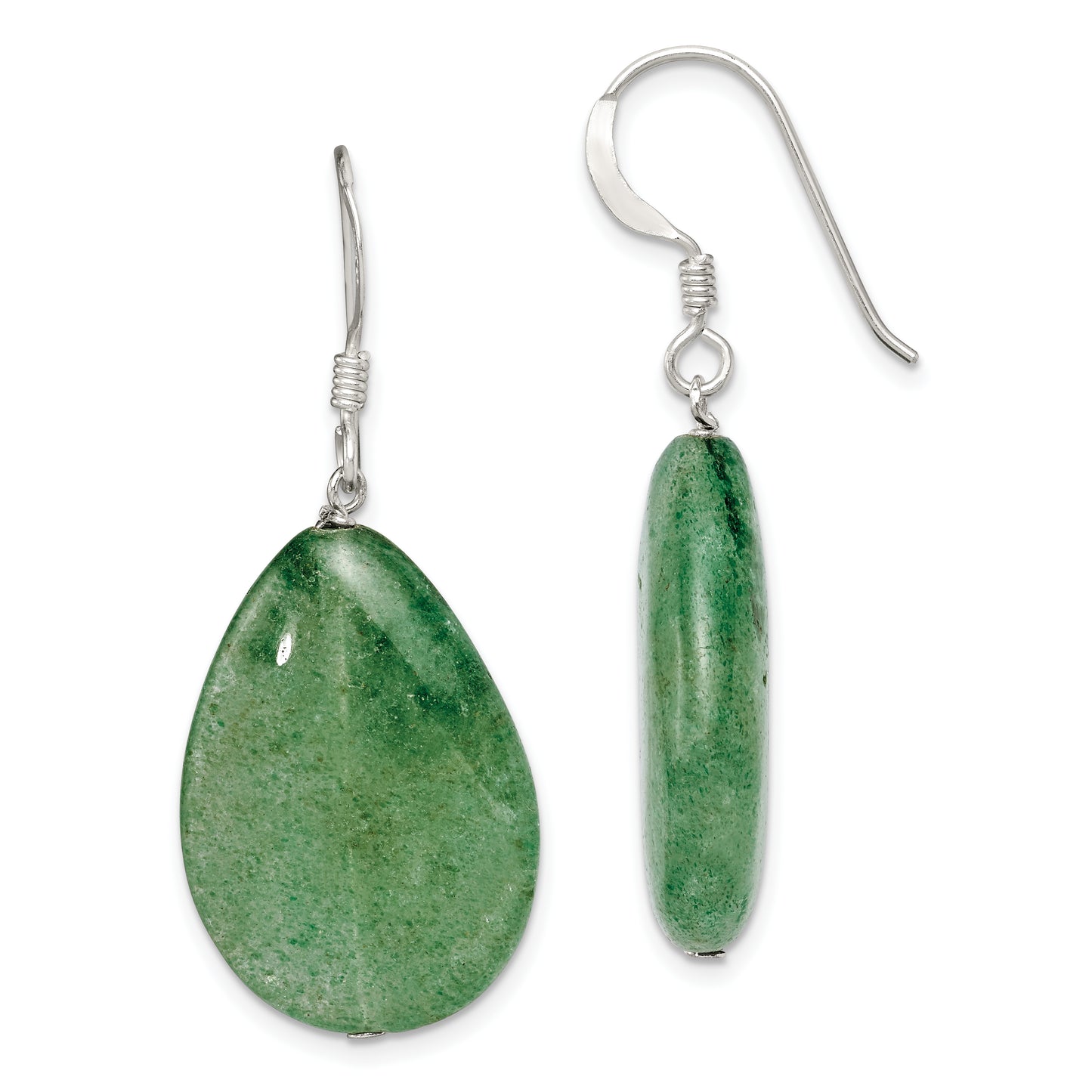 Sterling Silver Polished Cracked Green Aventurine Teardrop Dangle Earrings