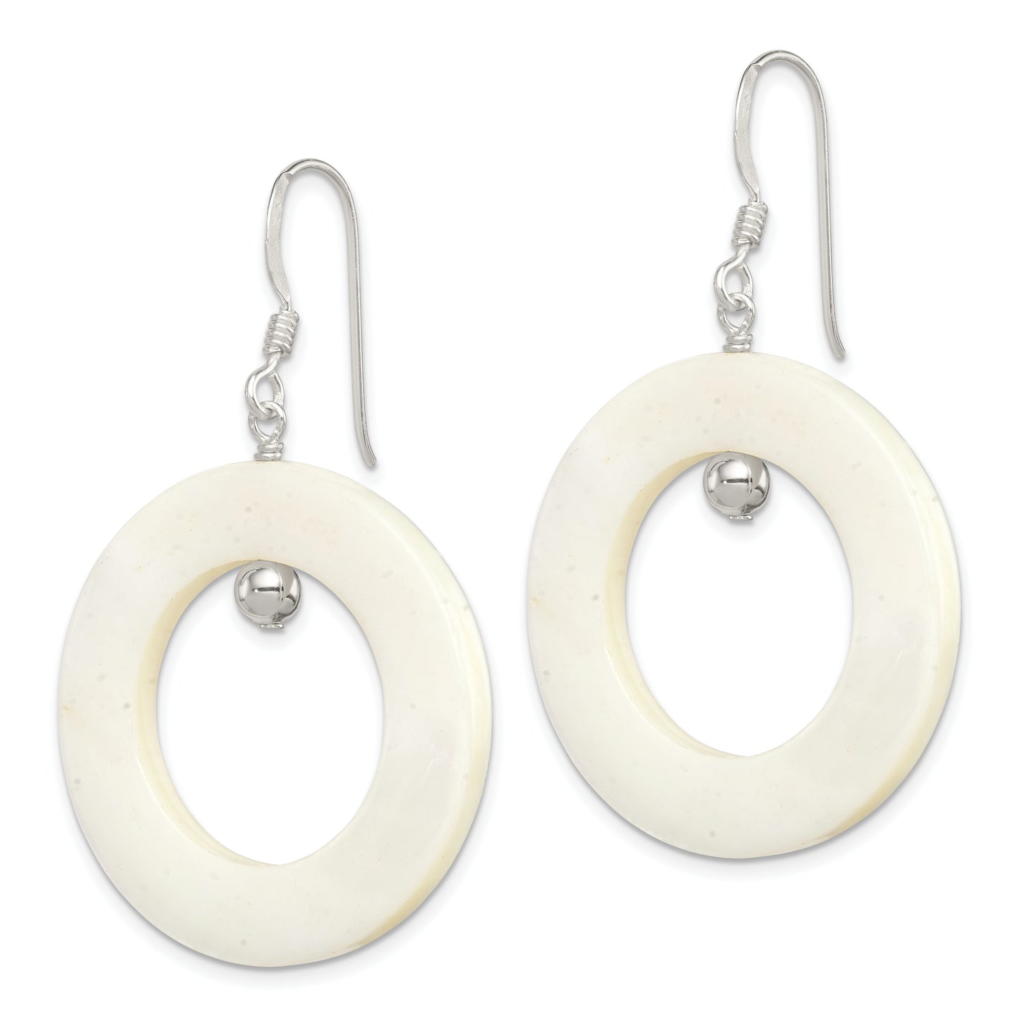 Sterling Silver Polished White Mother Of Pearl Circle Dangle Earrings