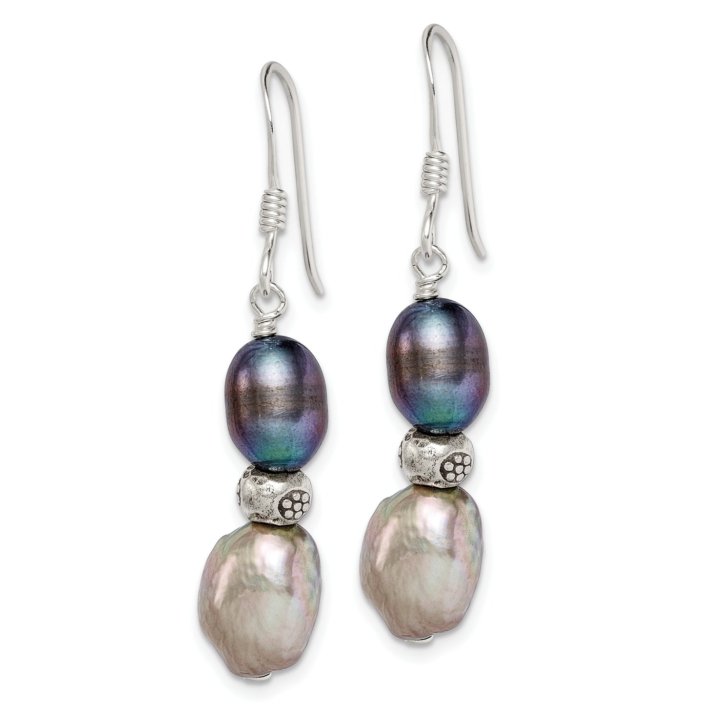 Sterling Silver Polished Antiqued & Beaded Grey Black 7-8mm Freshwater Cultured Pearl Dangle Earrings