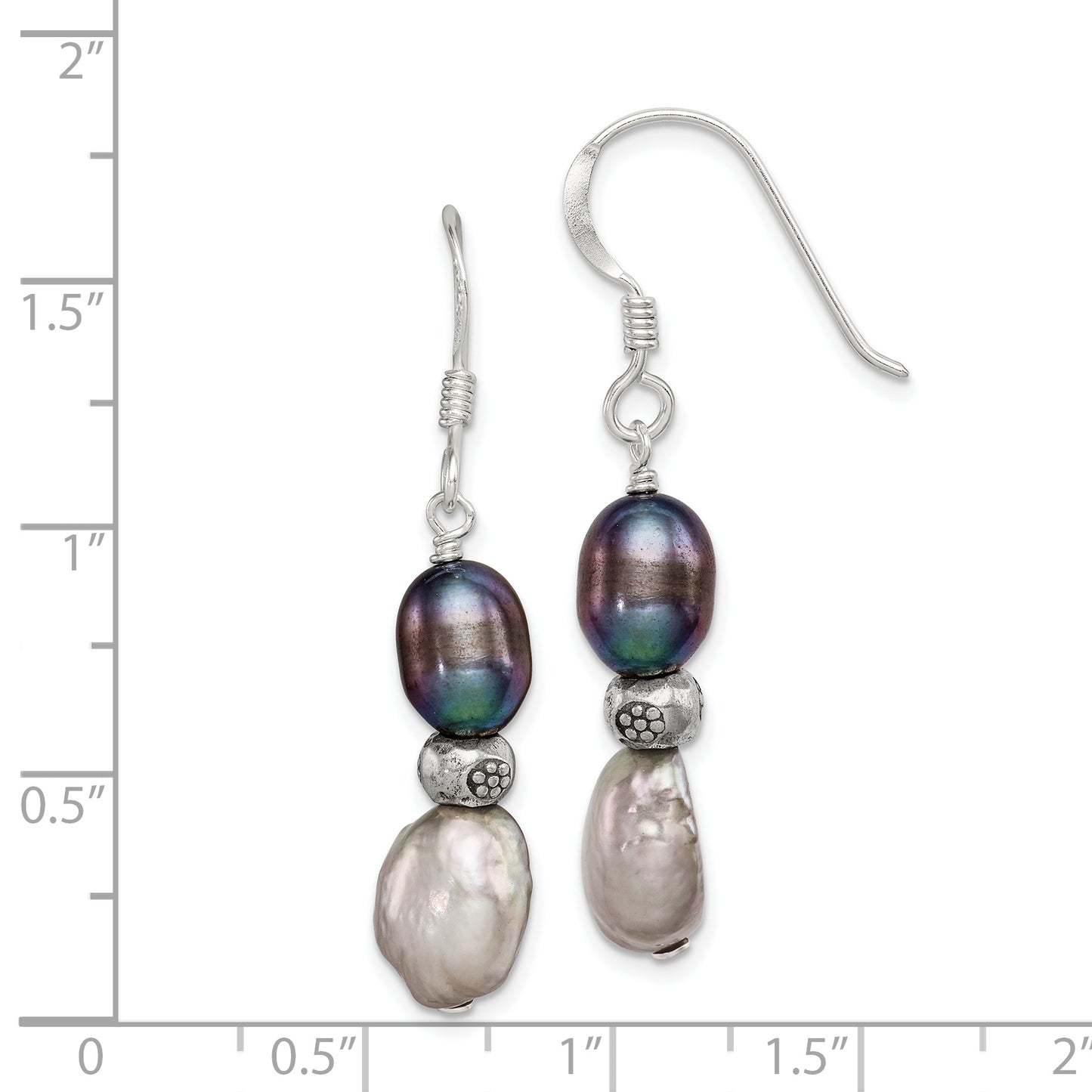 Sterling Silver Polished Antiqued & Beaded Grey Black 7-8mm Freshwater Cultured Pearl Dangle Earrings