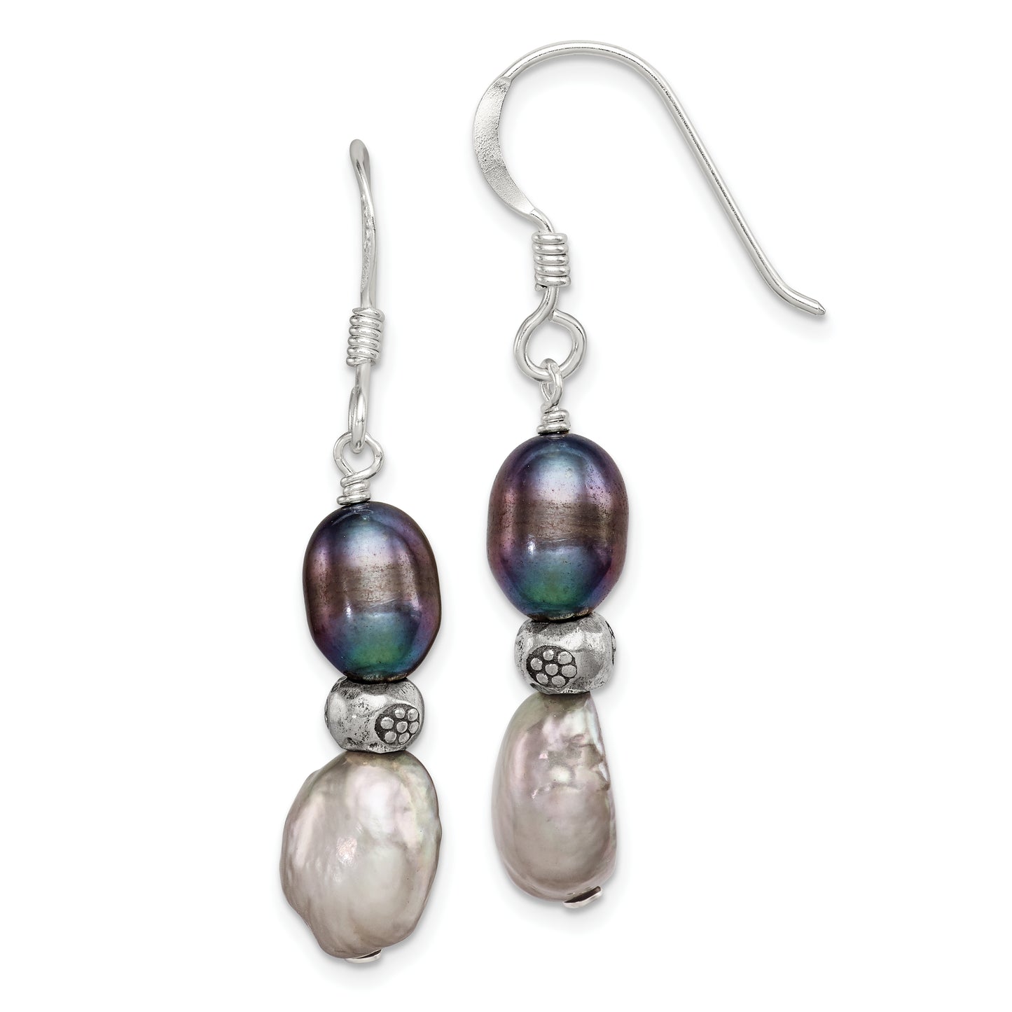 Sterling Silver Polished Antiqued & Beaded Grey Black 7-8mm Freshwater Cultured Pearl Dangle Earrings