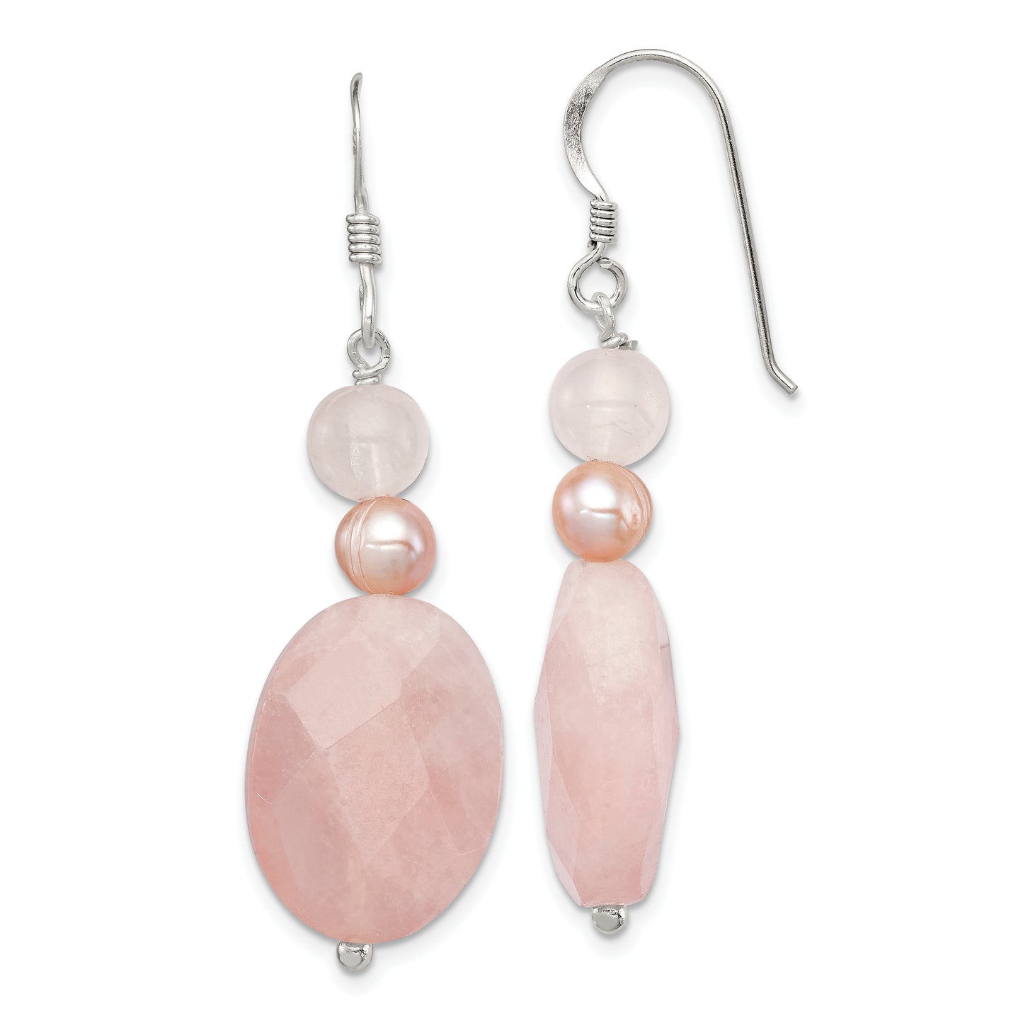 Sterling Silver Polished Rose Quartz & Pink Fwc Pearl Dangle Earrings