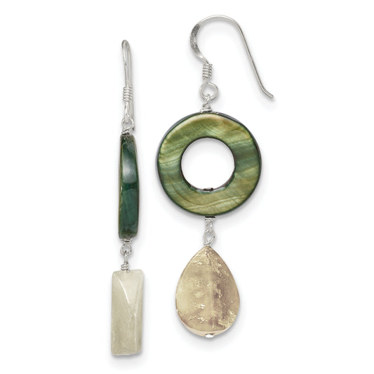 Sterling Silver Polished Jade & Green Mother Of Pearl Dangle Earrings