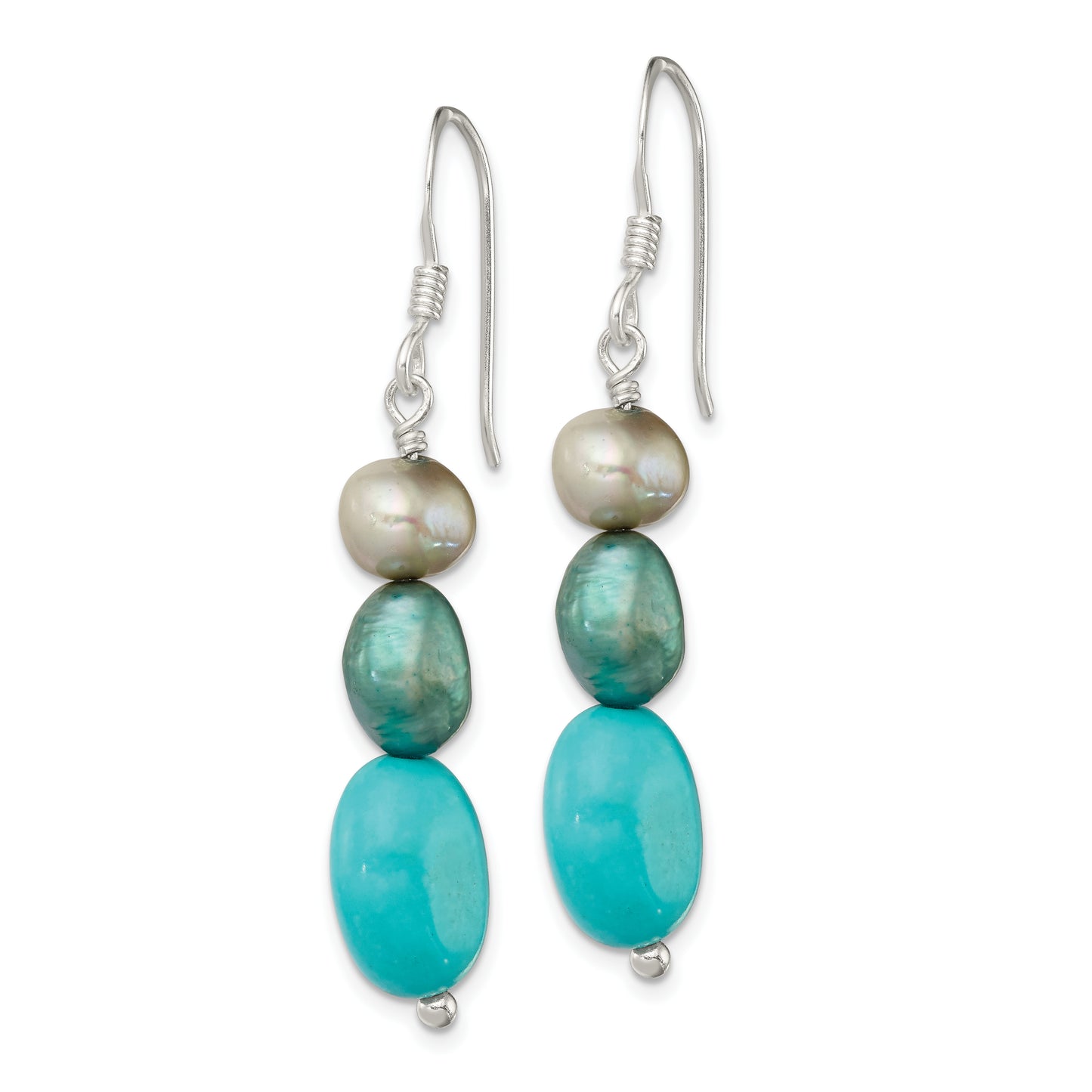 Sterling Silver Turquoise, Grey & Green Fw Cultured Pearl Dangle Earrings