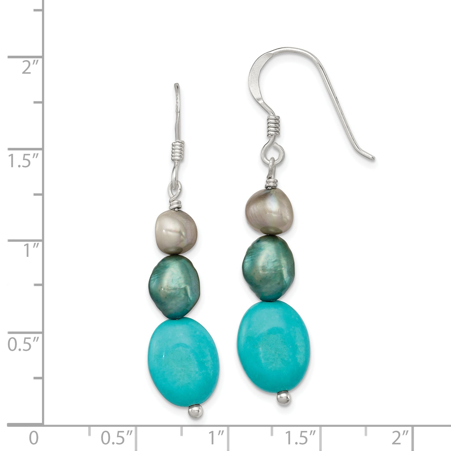 Sterling Silver Turquoise, Grey & Green Fw Cultured Pearl Dangle Earrings