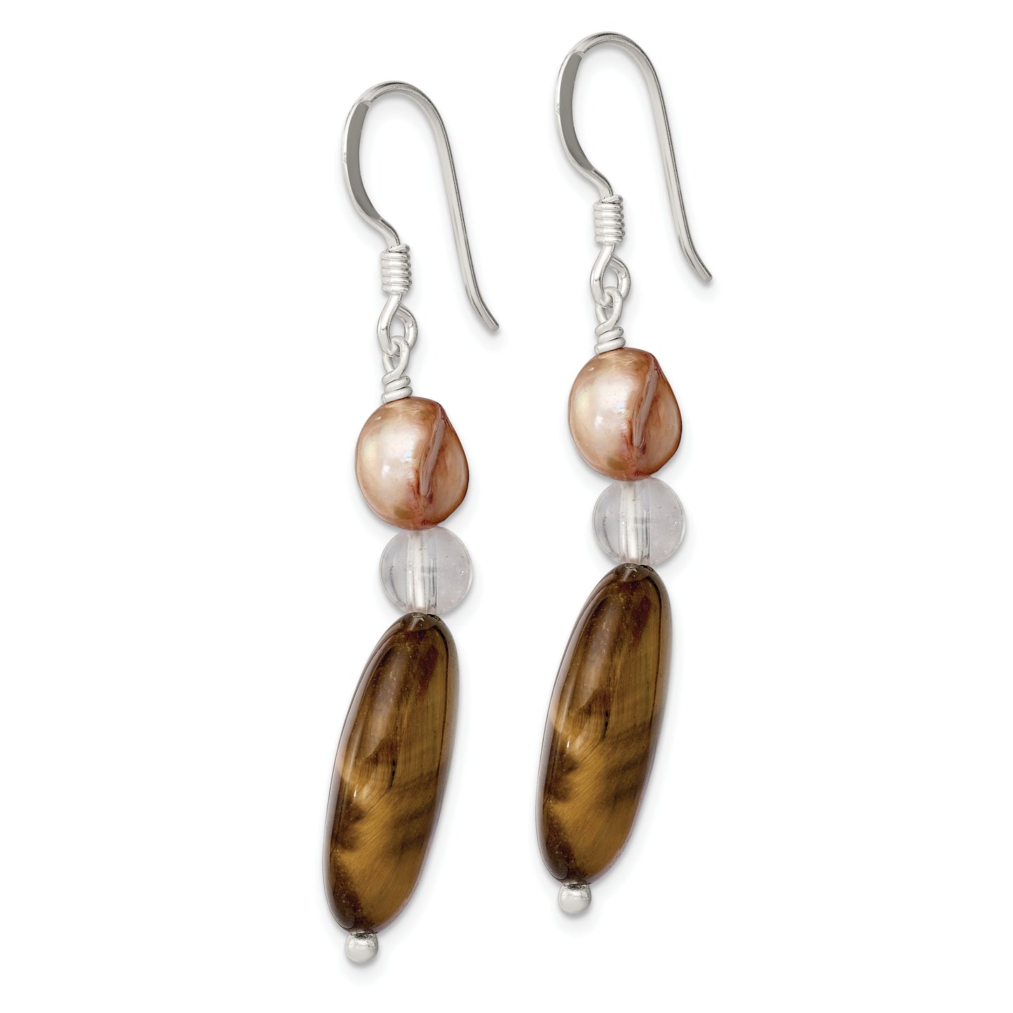 Sterling Silver Rock Quartz/ Tiger'S Eye/ Brown Fwc Pearl Dangle Earrings