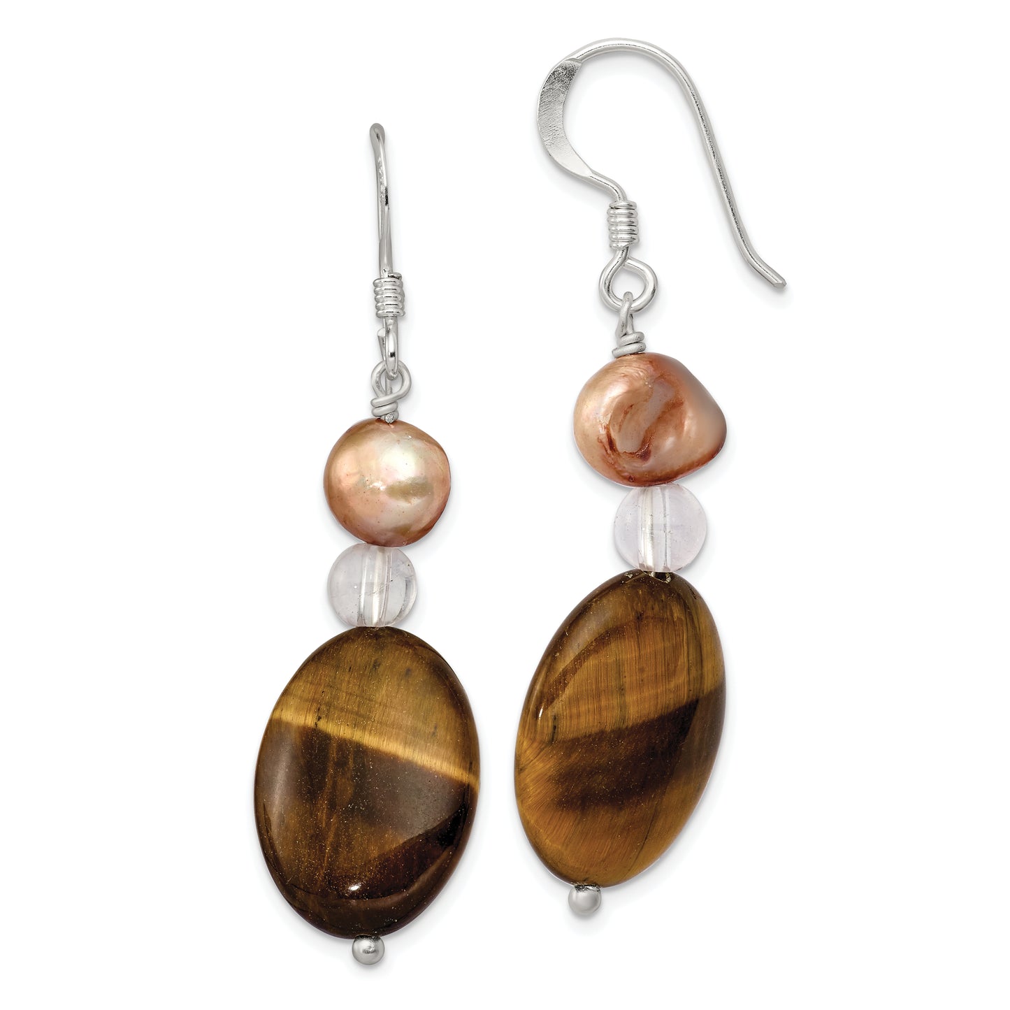 Sterling Silver Rock Quartz/ Tiger'S Eye/ Brown Fwc Pearl Dangle Earrings