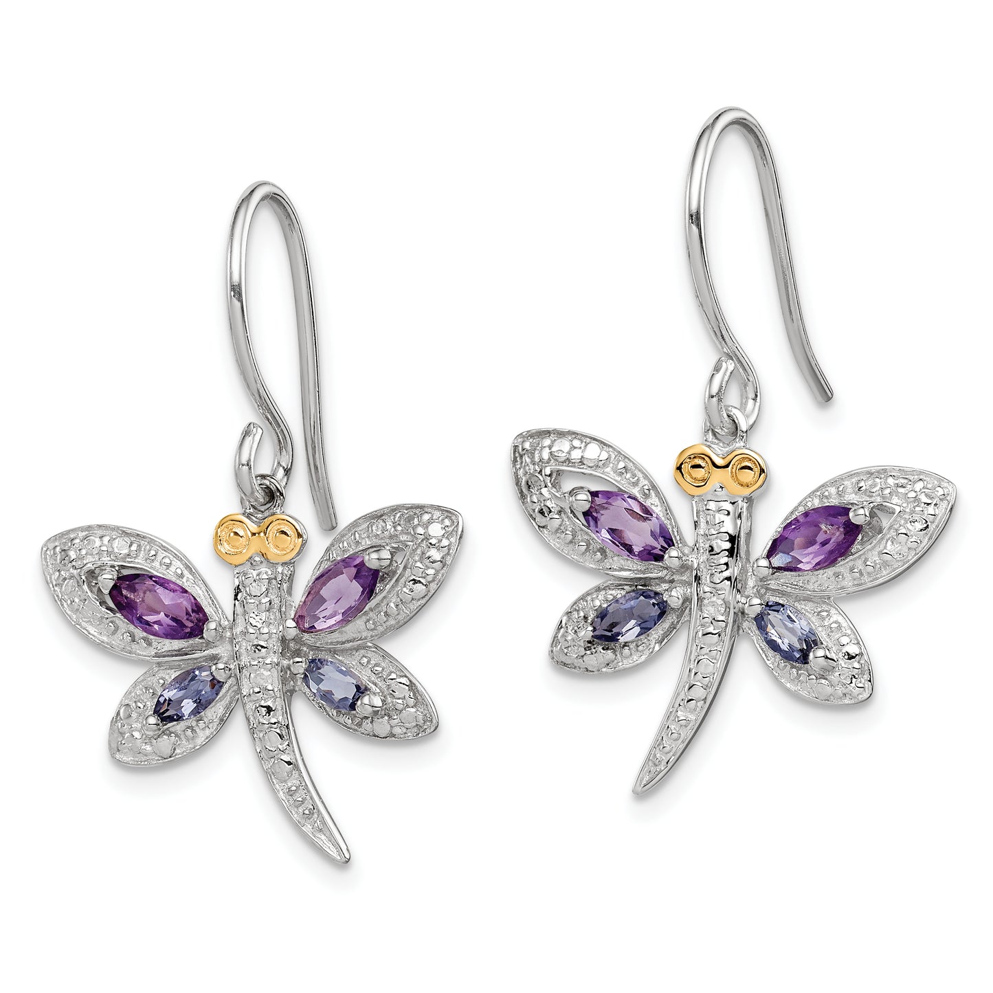 Sterling Silver Brilliant Gemstones With 14K Accent Rhodium-Plated Amethyst And Iolite Diamond Dragonfly Earrings