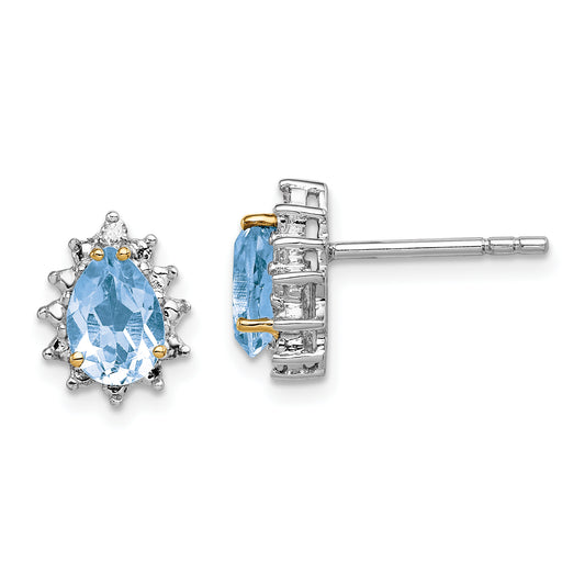 Sterling Silver Brilliant Gemstones With 14K Accent Rhodium-Plated Sky Blue Topaz And Diamond Post Earrings