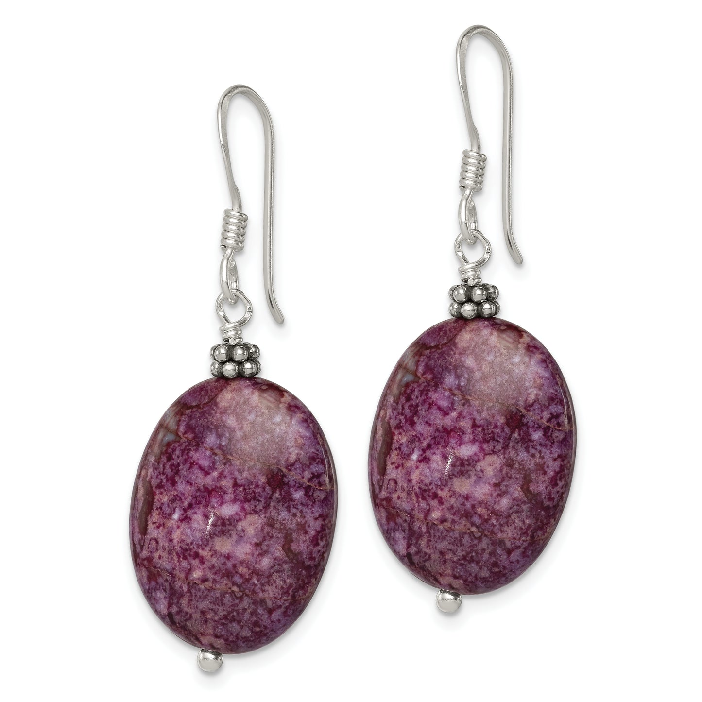 Sterling Silver Polished & Beaded Purple Charoite Oval Dangle Earrings