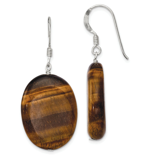 Sterling Silver Polished Tiger'S Eye Oval Dangle Earrings