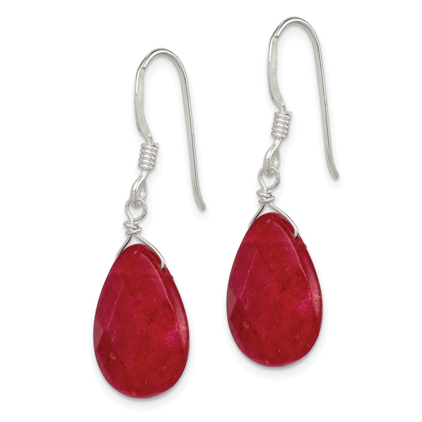 Sterling Silver Polished Faceted Red Jade Teardrop Dangle Earrings