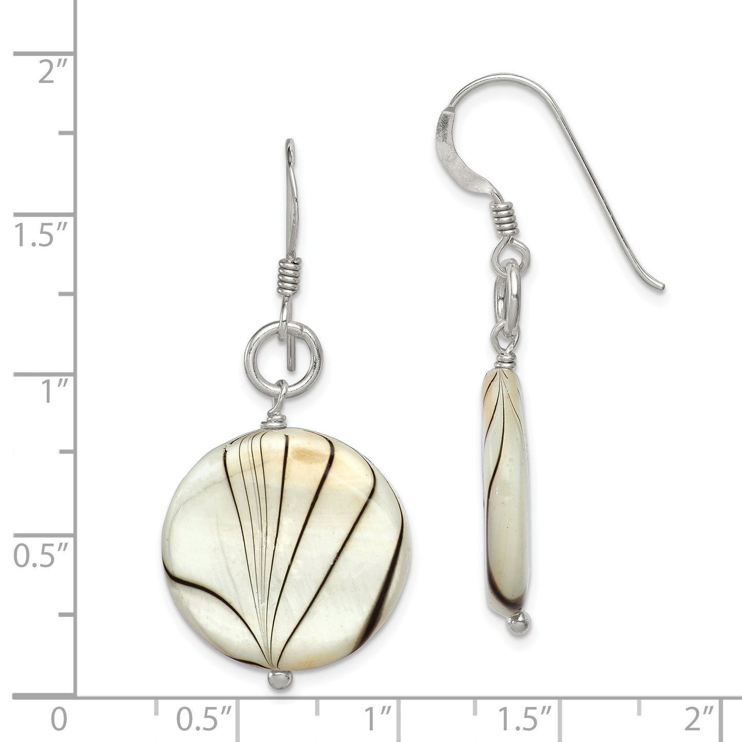 Sterling Silver Polished Zebra Mother Of Pearl Disc Dangle Earrings