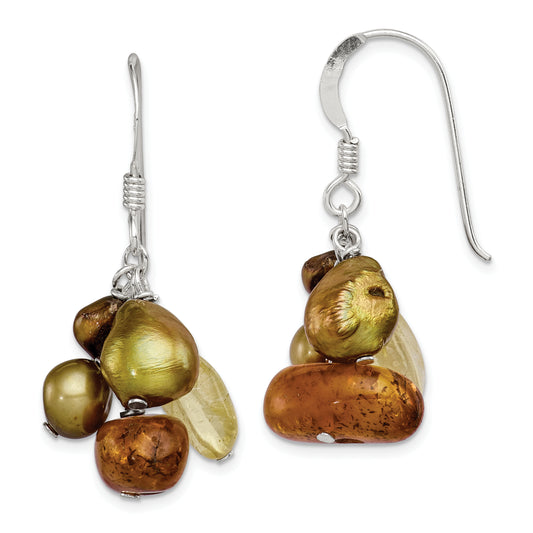 Sterling Silver Polished Amber, Citrine & Fw Cultured Pearl Dangle Earrings