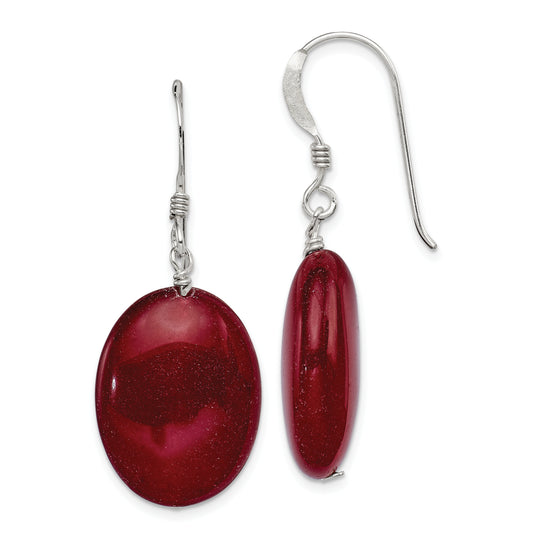 Sterling Silver Polished Red Jade Oval Dangle Earrings