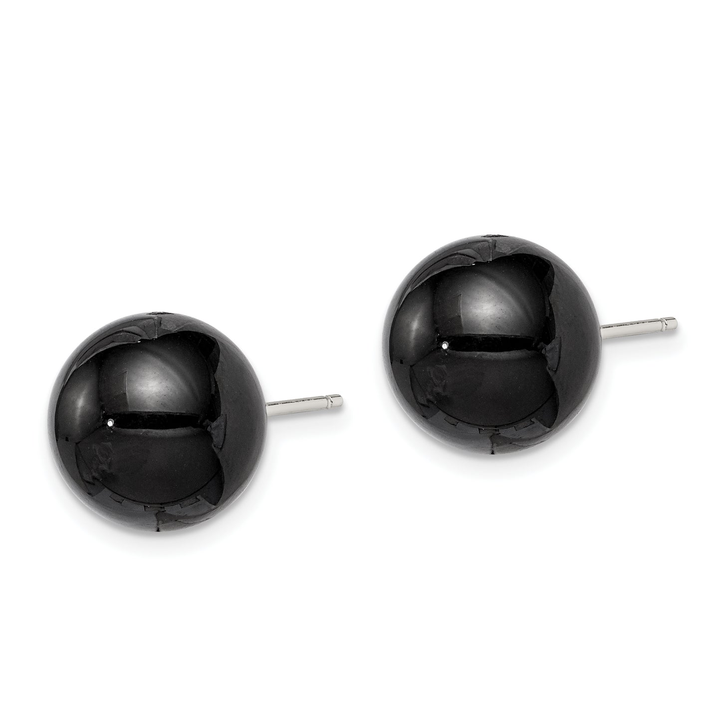 Sterling Silver Rhod-Pltd 12-12.5mm Black Agate Ball Post Earrings