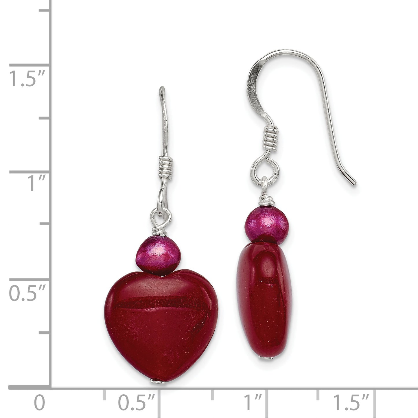 Sterling Silver Polished Red Fwc Pearl & Jade Heart Dangle Earrings