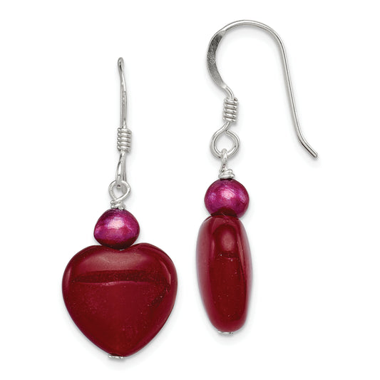 Sterling Silver Polished Red Fwc Pearl & Jade Heart Dangle Earrings