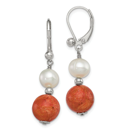 Sterling Silver Rhod-Pltd Fwc Pearl/Recons. Red Coral Dangle Earrings