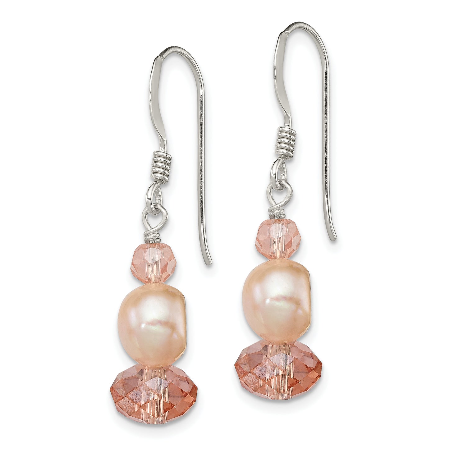 Sterling Silver Polished Peach Crystal & Pink Fwc Pearl Dangle Earrings