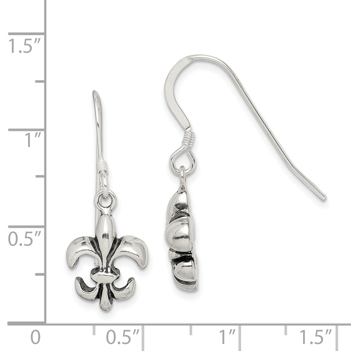 Sterling Silver Polished & Antiqued Fleur De Lis Dangle Earrings